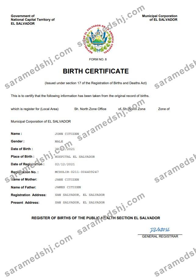 El Salvador vital record birth certificate Word and PDF template